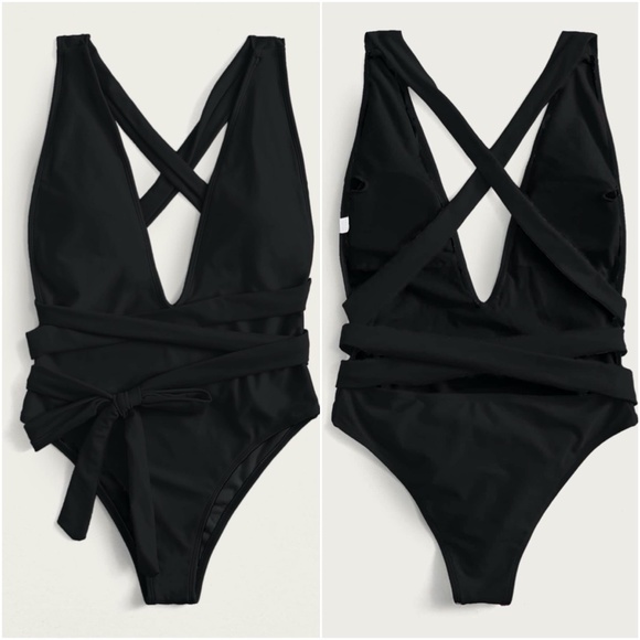 Boho Black plunging neckline wrap tie monokini One Piece Swim Beach - Picture 3 of 12